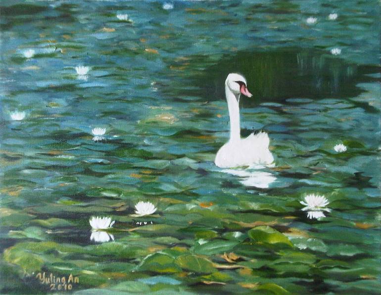 Swan and Waterlilly Painting by Yuling An | Saatchi Art