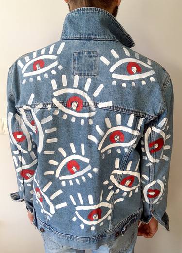 Hand painted denim jacket, upcycle. Size M thumb