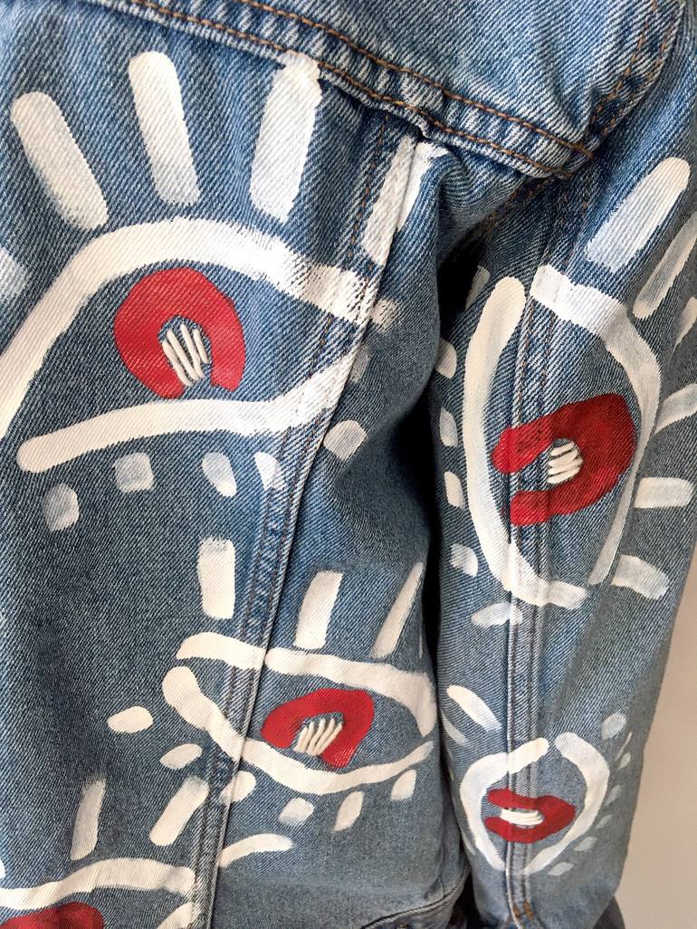 Hand painted denim jacket, upcycle. Size M Mixed Media by