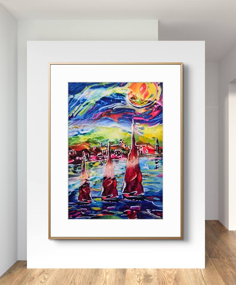 Original Impressionism Boat Drawing by Trisha Rs