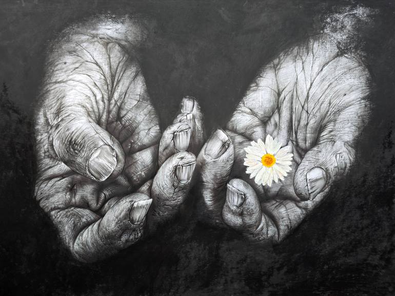 Original Men Mixed Media by Trisha Rs  Photorealism Art on Cotton Paper  Hands of Time