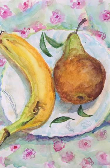 banana and pear(paintind, watercolor, still lifeoriginal,yellow,) thumb