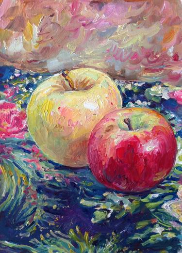 two (apple, still life, painting, oil, cardboard, original) thumb