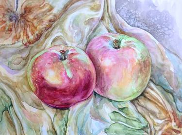 Two(Apples,Still Life,Realism,Golden,Watercolor,Original) thumb
