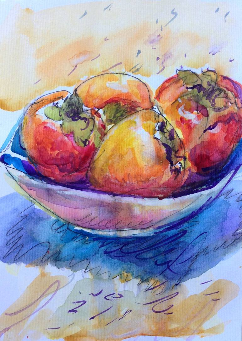 Persimmon(Fruits,Watercolor,Fine Art,Impressionism,Original) Painting by  Kristina Kristiana Saatchi Art