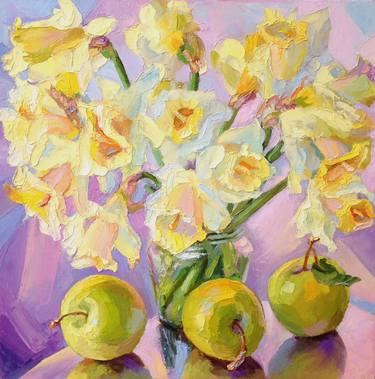 Still Life flowers with apples(Daffodils,Oil,Fine Art,Original) thumb