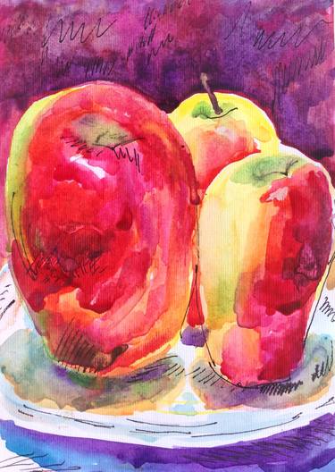Three Apples(Fruits,Red,Watercolor,Fresh,Still Life,Original) thumb