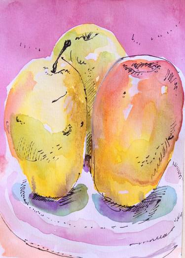 Apples(Fruits,Yellow,Watercolor,Fresh,Still Life,Original) thumb