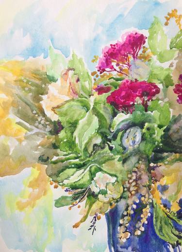 Still Life With flowers(Watercolor,Mimosa, Fine Art,original) thumb