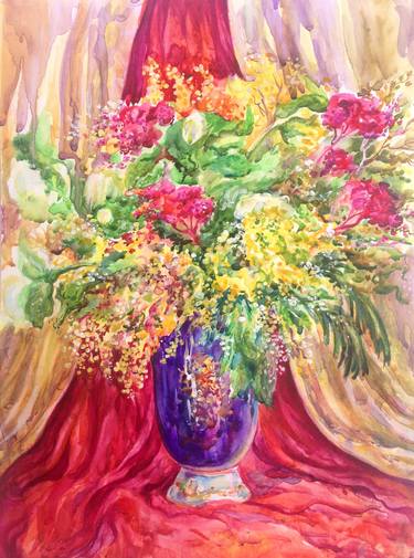 Gold with Red(Still Life,Flowers,Watercolor,Original) thumb