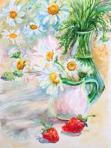 FLOWERS with STRAWBERRiES(Watercolor,Still Life,Original) thumb