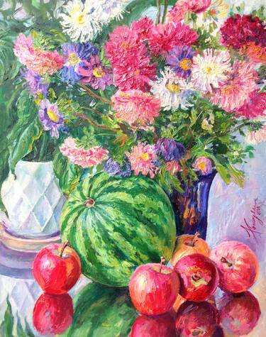 Still life with watermelon and Chrysanthemums thumb