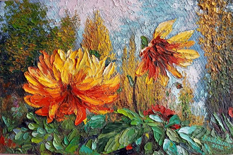 Flores de dalias en otoño Painting by Natalya Laskavaya | Saatchi Art