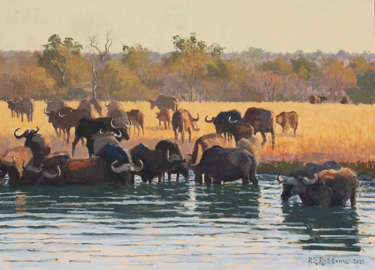 Original Animal Painting by Roelof Rossouw | Impressionism Art on Canvas | Buffalo at the Waterhole, Sunset