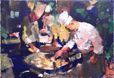 “Koch bei der Geburtstagsfeier” 25x30cx1,8cm Öl auf Leinwand thumb