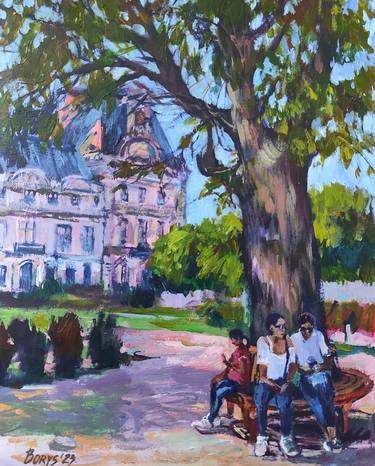 Women's conversation in a French park in Paris thumb