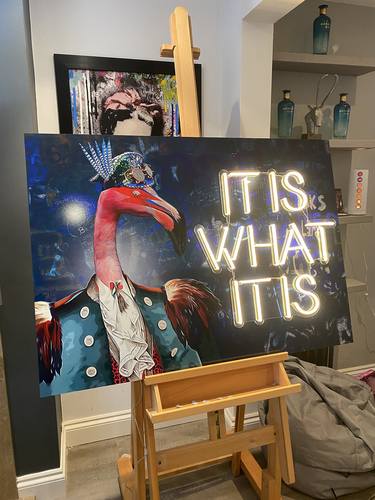 It is What it is Flamingo Graffiti Metal Wall Art with Neon Light thumb