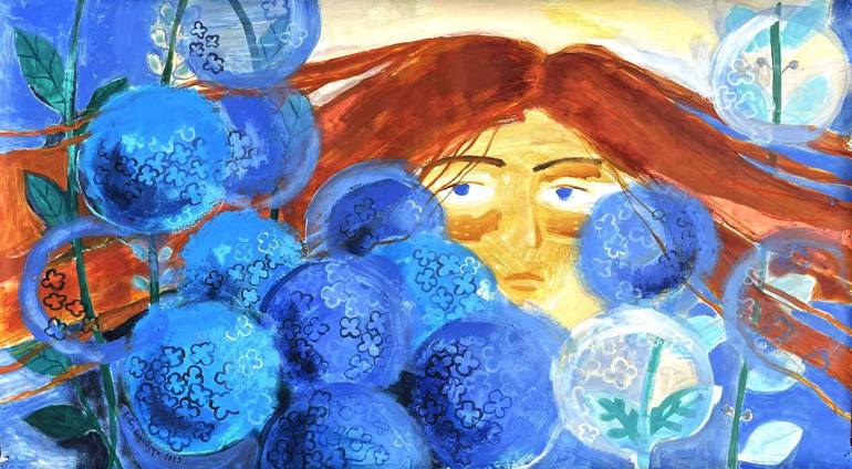 Original Women Painting by Nino Chitaishvili | Expressionism Art on Paper | A Little Mystery Among the Petals