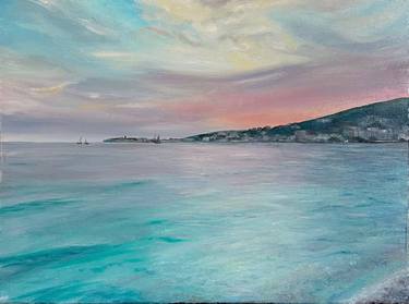 Seascape. Budva Montenegro. Sunset. Oil painting. thumb