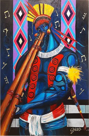 Guerreiro Kalapalo Azul  tocando sua Flauta Uruá thumb