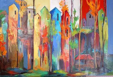 Print of Abstract Cities Paintings by Telemak Kochinyan