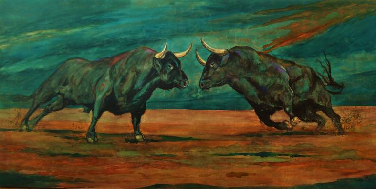 Bashan Bulls Painting by Jan-Frits Obers | Saatchi Art