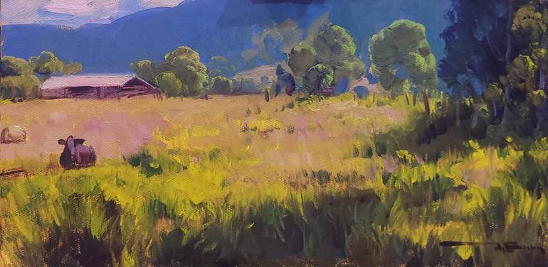 Original Landscape Painting by Vinicius Fernandes Da Silva | Figurative Art on Canvas | The farm, oil on canvas, 15x30cm