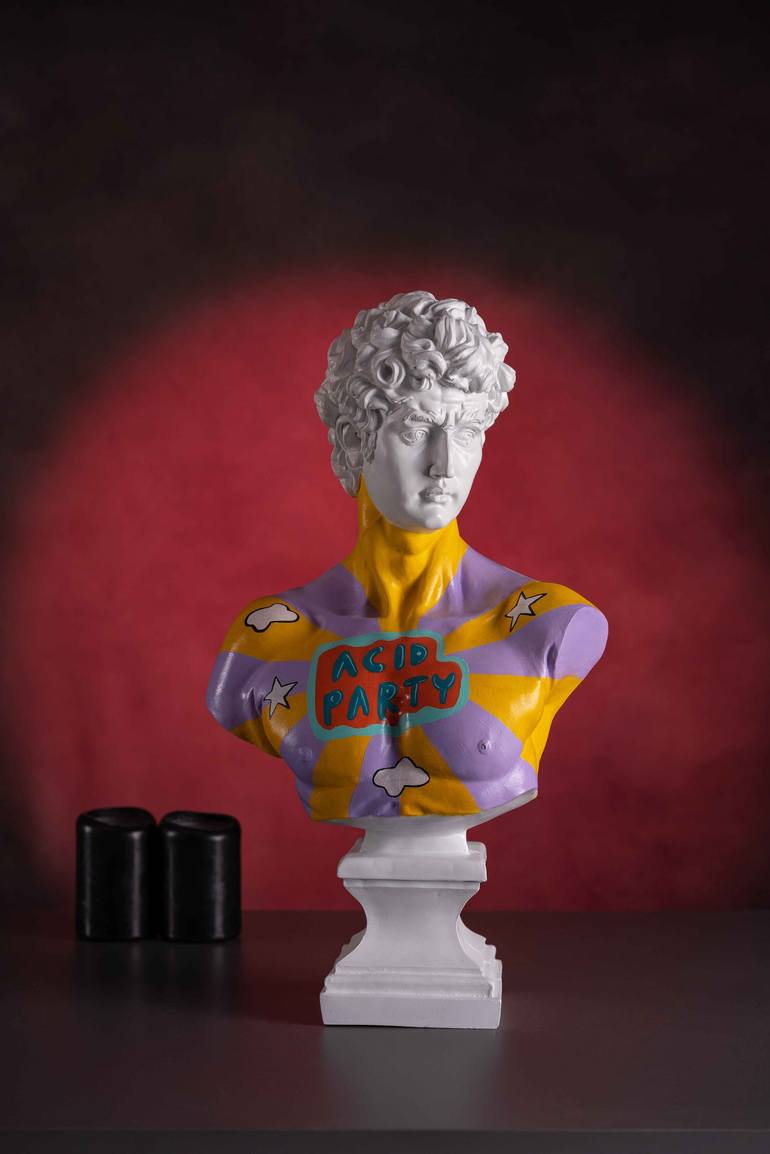 David Pop Art Sculpture, David Bust with Ice Cream Cone Sculpture by Dervis  Akdemir
