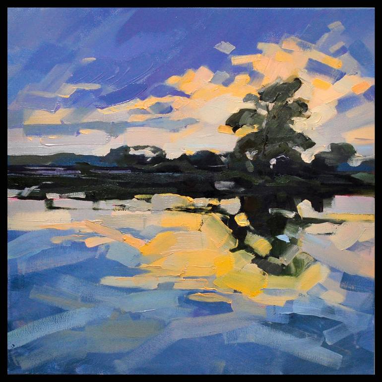Original Other Painting by Olena Diachyshyn | Abstract Expressionism Art on Canvas | Sunset Over the Lake 3