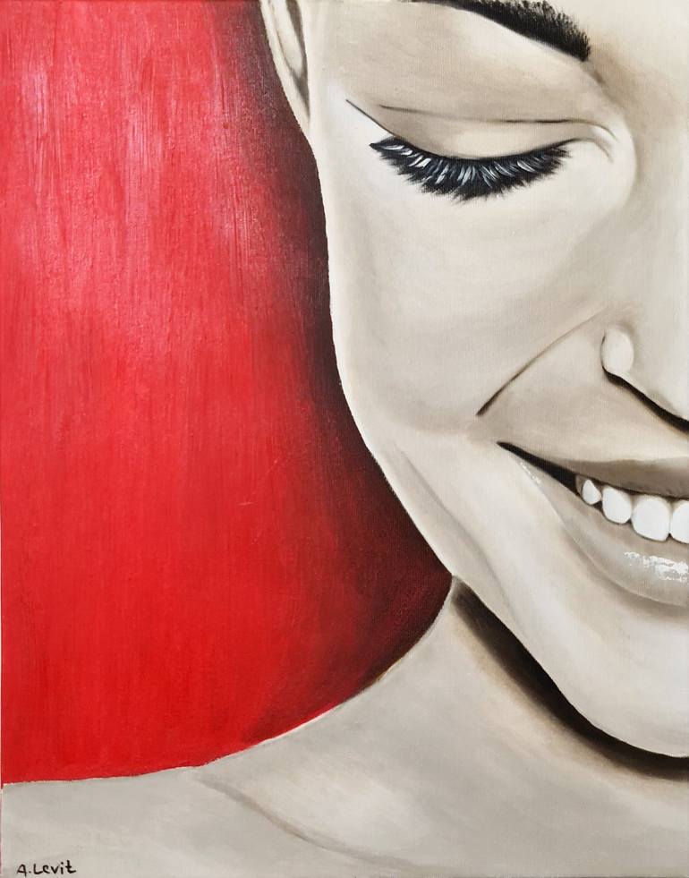 Smiling Girl On Red Background, Young Girl Portrait Oil Painting Painting  by Anna Levit | Saatchi Art