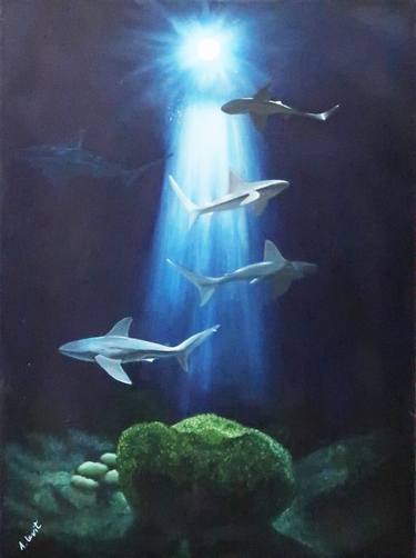 White Sharks In Deep Blue Ocean Water Under Moon Light thumb