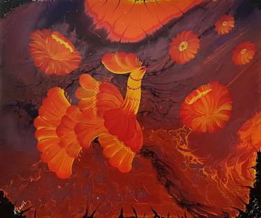 New Birth Gouache Painting On Acrylic Background. Red Phoenix. thumb
