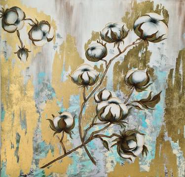 Gold Cotton Field Acrylic Painting. Rough Abstract Painting. thumb