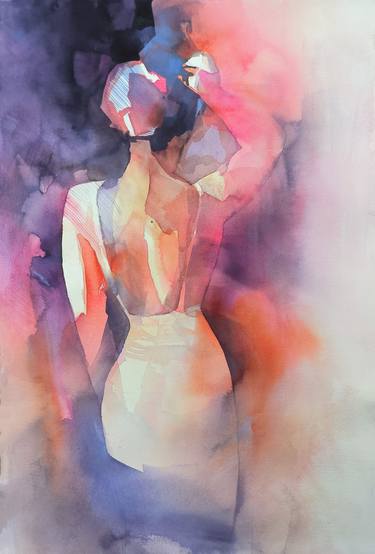 Back view of woman in white dress watercolor painting thumb