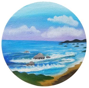 Blue Sky Seascape, Acrylic on Round Canvas thumb