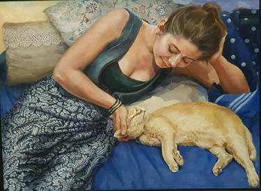 Young lady with cat thumb
