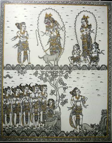 Balinese traditional wayang painting - Panca Pandavas to heaven thumb