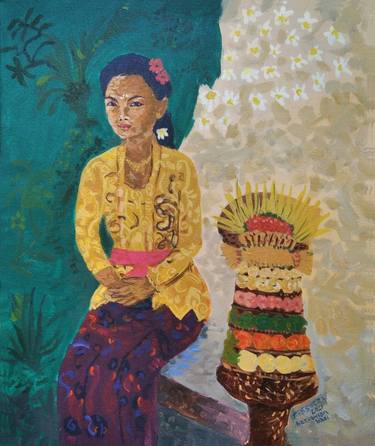 Balinese Woman sitting with Kebaya and Traditional Offerings thumb