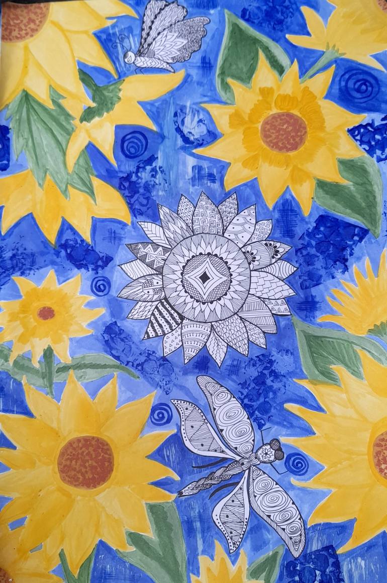 The sunflower field fusion mandala art Mixed Media by Kiruthika S