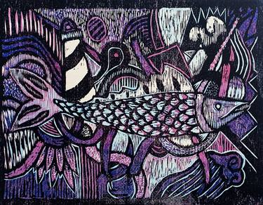 Original Surrealism Fish Printmaking by Geraldine Guillén