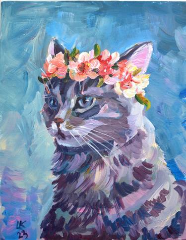 Gray Tabby Cat in Flower Wreath thumb