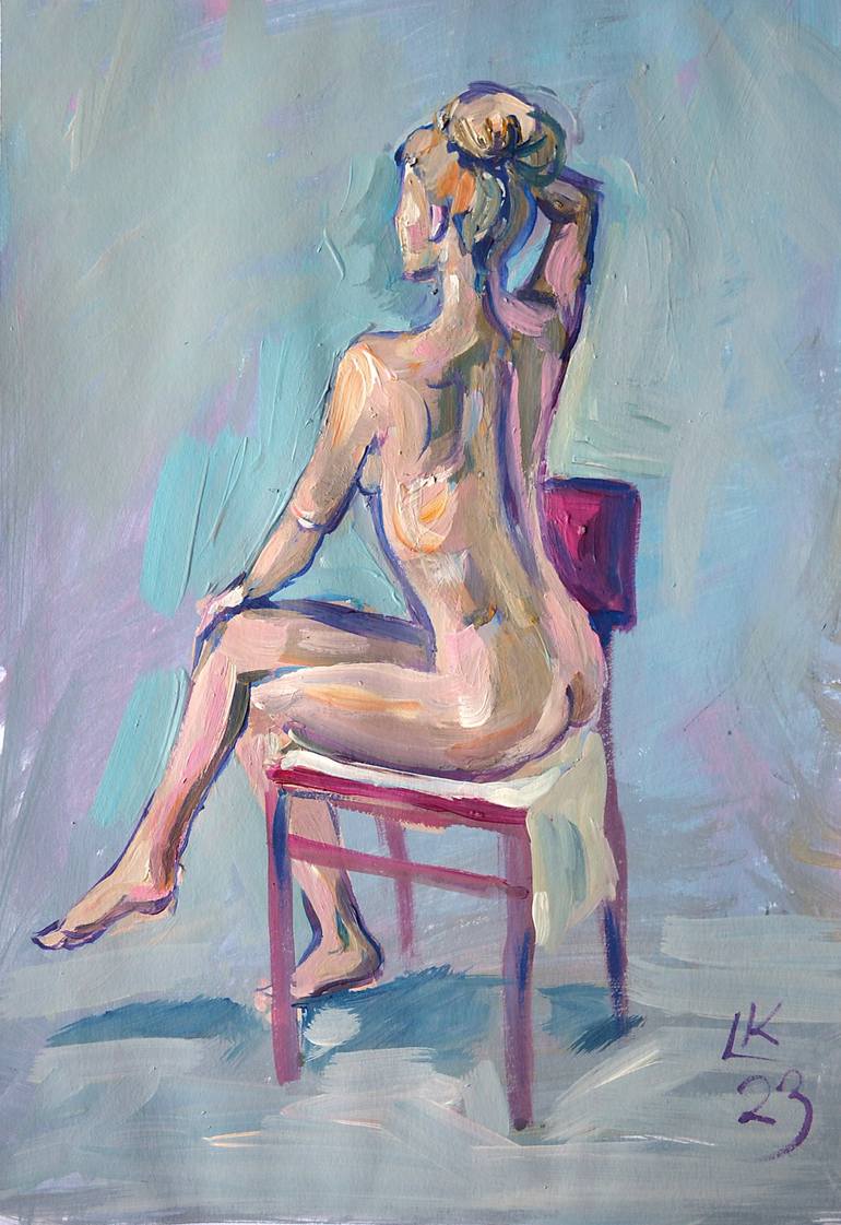 Nude woman sitting on a chair Painting by Lada Kholosho | Saatchi Art