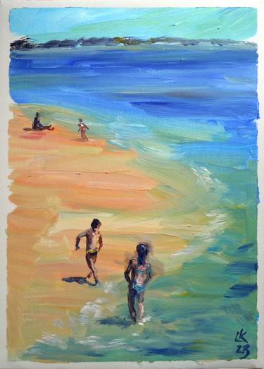Sunny day on a beach. Coastal seascape with people resting. thumb