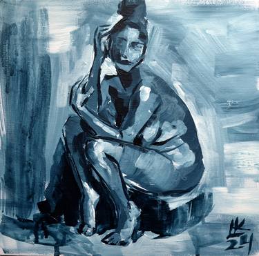 Nude Seated Woman With Bent Knees In Monochrome Tones thumb