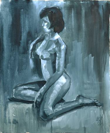 Naked woman sitting sideways. Monochrome Painting. thumb