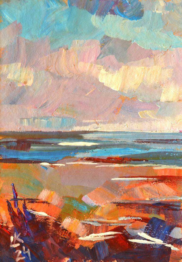 Original Seascape Painting by Lada Kholosho | Abstract Expressionism Art on Other | Sunset Over the Coastline