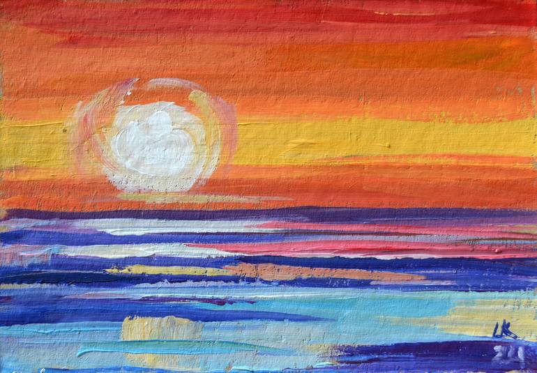 Original Seascape Painting by Lada Kholosho | Abstract Expressionism Art on Other | Radiant Sunset Over the Horizon