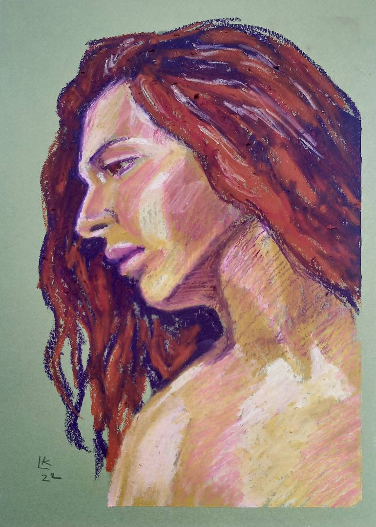 Original Women Drawing by Lada Kholosho | Figurative Art on Paper | Portrait of a young woman on a green background