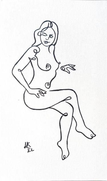 Sitting nude girl. Minimalism one line art. thumb
