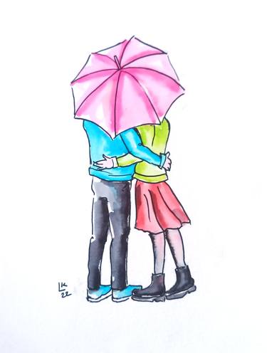 Loving couple under red umbrella thumb